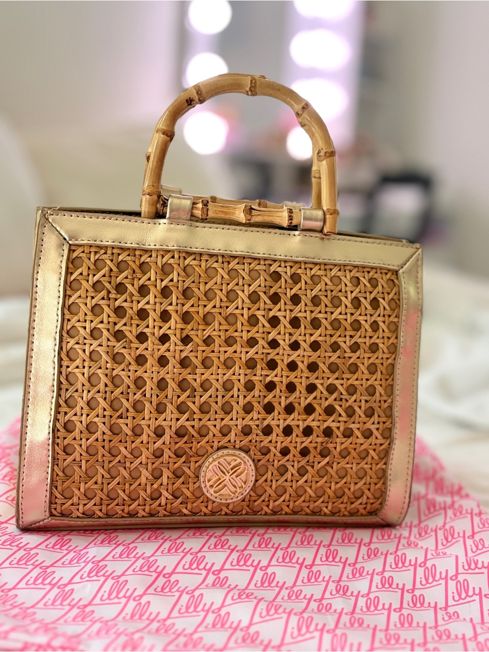Woven Bamboo Top-Handle Tote in Tan
